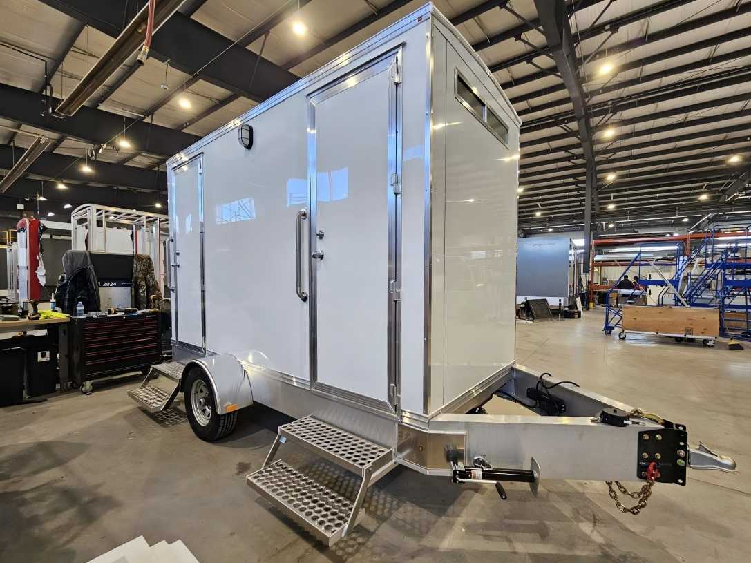 Finished trailer body in a fabrication shop